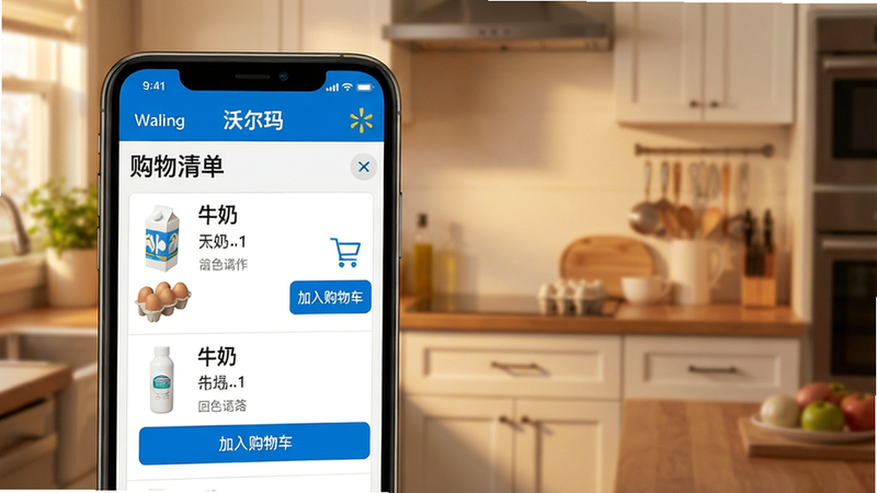 手机屏幕展示沃尔玛App“购物清单”功能,清晰列出牛奶、鸡蛋等商品,并配有“加入购物车”按钮,背景为温馨厨房场景,色调柔和,强调“沃尔玛”的智能便捷。