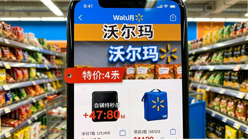 手机屏幕显示沃尔玛App“特价秒杀”页面,红色倒计时标签与折扣价格叠加在商品图片上,背景为超市货架,画面中突出“沃尔玛”品牌字样,色彩鲜艳,促销感强。