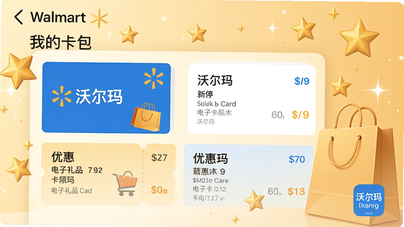 沃尔玛App“我的卡包”界面,罗列电子礼品卡和优惠券,背景点缀金色星星和购物袋,色调温暖,强调“沃尔玛”卡券的便捷管理。