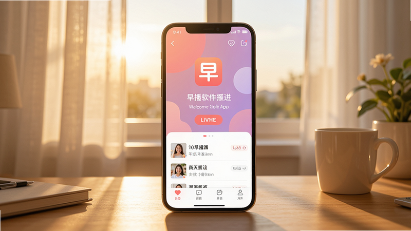 早播软件全貌展示,画面中央展示早播App的欢迎界面,背景为清晨阳光透过窗帘洒在桌面,手机屏幕显示直播间列表,色彩明亮柔和,适配Boogu模型生成