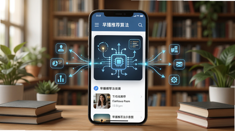 早播推荐算法示意图,手机屏幕上展示个性化推荐页面,背景是图书馆或书房,书籍和绿植点缀,画面中央有数据流向图标,体现智能匹配
