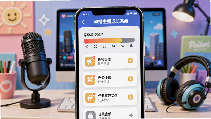 早播主播成长系统界面,手机屏幕上显示等级进度条和任务列表,背景为直播间后台工作台,有麦克风和耳机,色调明亮活泼