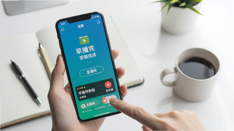 早播使用教程配图,手机屏幕展示安装完成后的首页界面,手指点击直播间,背景为简约办公桌,有笔记本和咖啡,风格清新