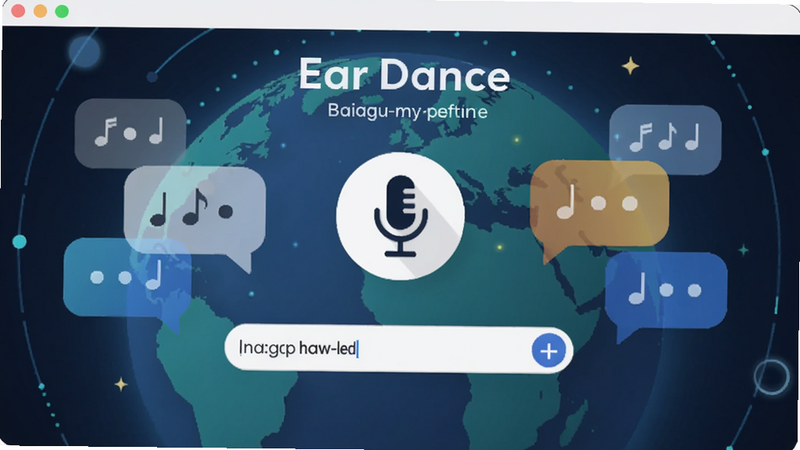 Ear Dance 翻译软件主界面,展示多语言互译功能,背景为地球与对话气泡,画面中心是麦克风图标和输入框,整体风格现代简洁,适配Boogu模型生成。