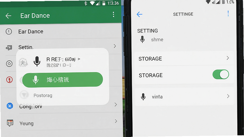 Ear Dance 使用教程截图,展示权限开启步骤和设置界面,手机屏幕显示麦克风和存储权限开关,背景为系统设置页面,画面简洁清晰。