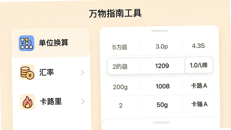 万物指南工具页展示,左侧列表显示‘单位换算’‘汇率’‘卡路里’等图标,右侧为换算器界面,背景为柔和米黄色,突出干净实用
