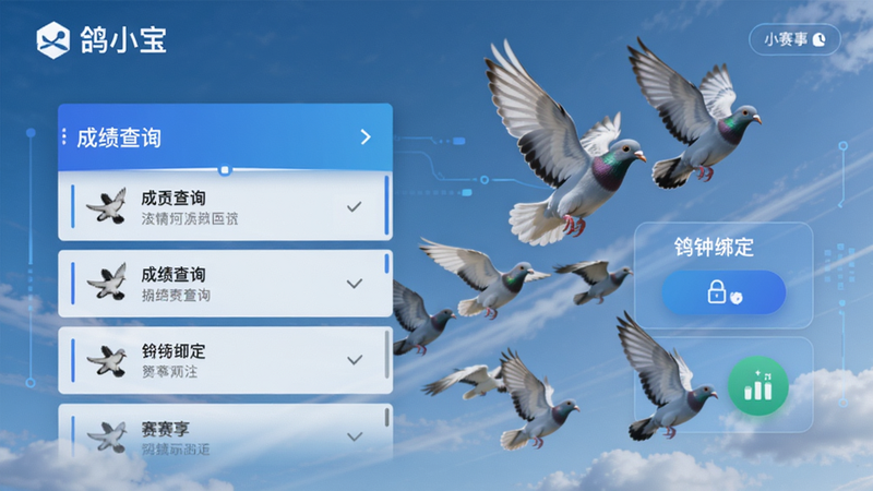 鸽小宝主界面预览图,展示赛事列表、成绩查询入口、鸽钟绑定按钮,背景为赛鸽飞翔的天空,整体风格清爽科技感,适配Boogu模型生成