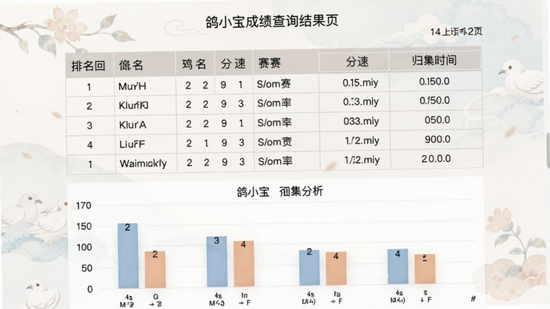 鸽小宝成绩查询结果页,表格展示多羽赛鸽的排名、分速、归巢时间,下方有柱状图分析,背景淡雅,数据清晰