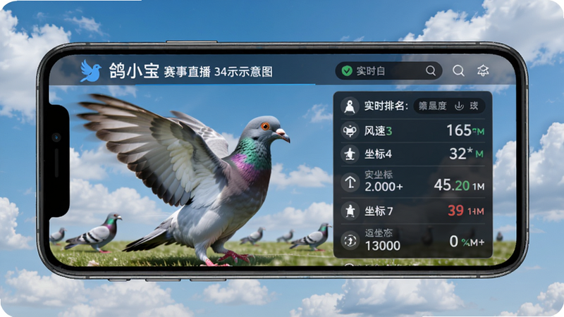 鸽小宝赛事直播界面示意图,手机屏幕上显示赛鸽归巢瞬间,数据面板展示实时排名、风速、坐标,背景为蓝天白云,整体画面动感清晰