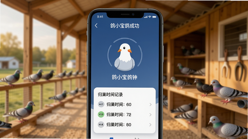 鸽小宝鸽钟绑定成功界面,手机屏幕显示已连接鸽钟设备,下方有归巢时间记录,背景为赛鸽棚舍,整体温馨专业