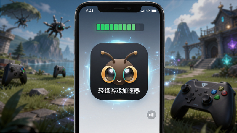 轻蜂游戏加速器主界面预览,背景为游戏场景,手机屏幕上显示加速状态,绿色信号满格,UI简洁明亮,科技感十足,画面中心突出轻蜂游戏加速器图标,背景虚化有光效