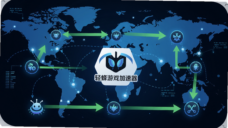 轻蜂游戏加速器智能加速示意图,网络数据流通过多个节点,绿色箭头表示最优路径,背景为全球地图,中间显示轻蜂游戏加速器logo,科技蓝调