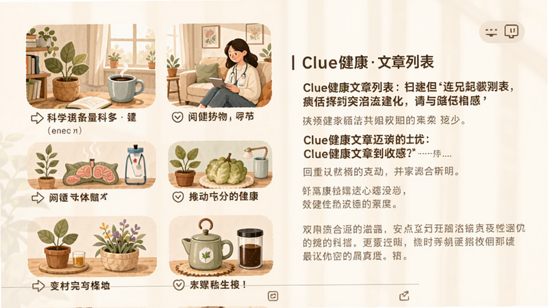 Clue健康文章列表,显示多篇科普标题配插图,风格温暖知性,界面左图右文,适合碎片化阅读