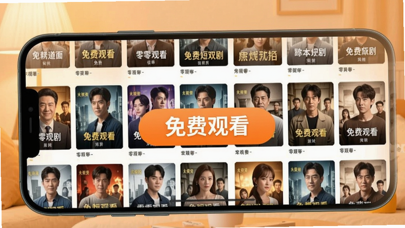 免费短剧看全部展示免费观看界面,手机屏幕上显示“免费观看”按钮和大量剧集封面,背景为暖色调,画面轻松愉悦,强调零收费特性。