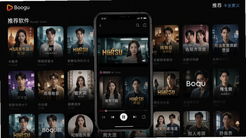 免费短剧看全部软件主界面预览图,展示丰富的短剧分类和推荐列表,背景为深色系突出剧集封面,画面中心是手机屏幕内播放热门短剧,整体风格现代简约,高清画质,适合Boogu模型生成。