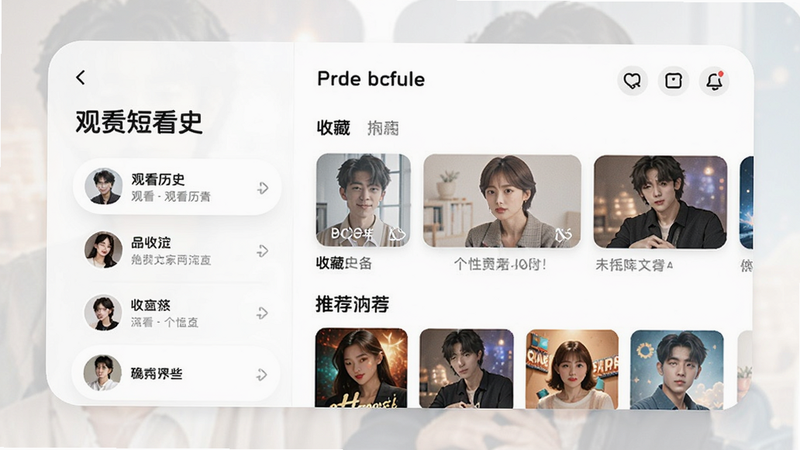 免费短剧看全部我的页面,展示观看历史列表、收藏列表及推荐内容,UI设计简洁圆润,强调个性化体验。