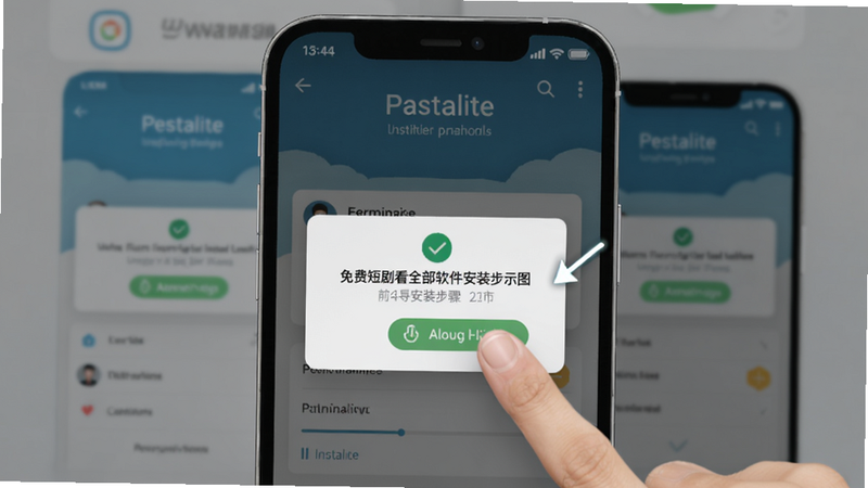 免费短剧看全部软件安装步骤示意图,手机屏幕上显示权限弹窗,手指点击允许,背景为安装界面,突出操作引导。