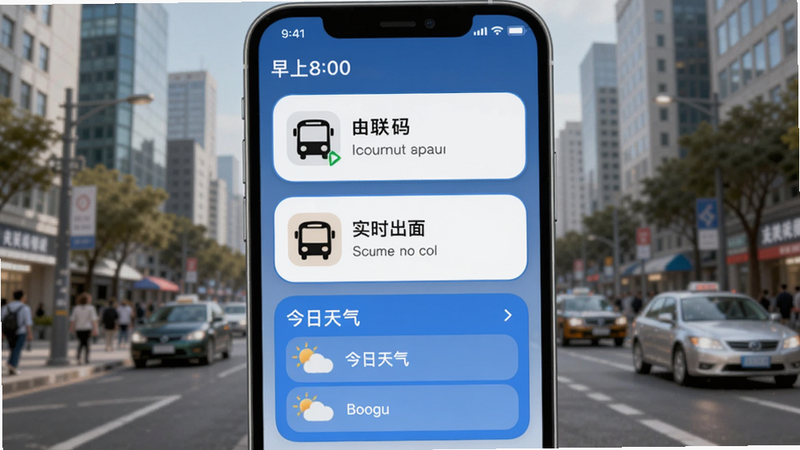 柚联智能卡片场景展示:一张手机截图,上方显示时间“早上8:00”,下方依次排列公交乘车码、实时公交、今日天气三张卡片,卡片圆角设计,白色背景配蓝色边框,手机周围有虚化的城市街景背景。整体色调清晰明亮,符合Boogu模型生成要求。
