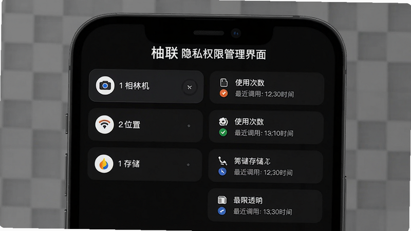 柚联隐私权限管理界面,展示一个手机屏幕,左侧列出相机、位置、存储等权限,右侧显示每个权限的使用次数与最近调用时间,整体界面为深色模式,字体白色,突出安全透明。背景为模糊的灰色网格。