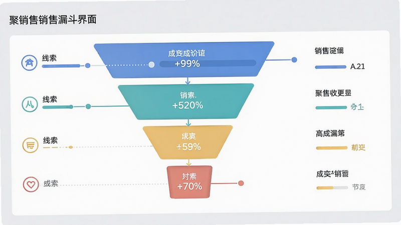 聚销售销售漏斗界面,展示从线索到成交的不同阶段,进度条和数字统计,背景浅灰色