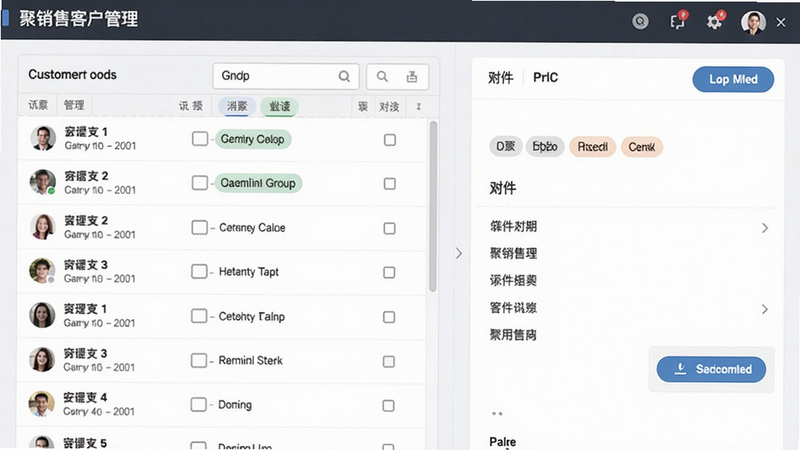 聚销售客户管理界面截图,显示客户列表与详情页,有标签分组和附件上传按钮,界面清晰简洁