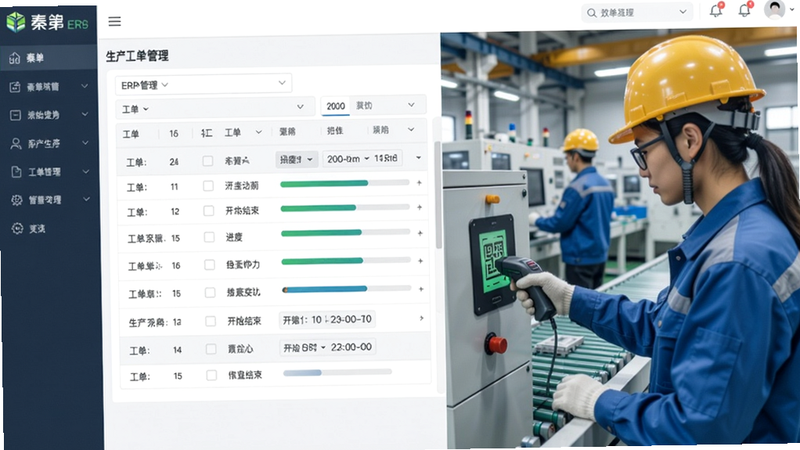 秦丝生产ERP系统的生产工单管理界面,显示工单列表、进度条、开始结束时间,背景为工厂车间忙碌场景,工人在扫码,色调专业清爽