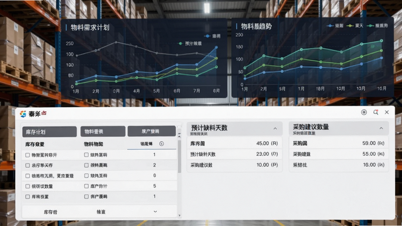 秦丝生产ERP系统的物料需求计划界面,展示库存列表、预计缺料天数、采购建议数量,背景为仓库货架,上方有图表显示物料趋势,风格简洁数据驱动