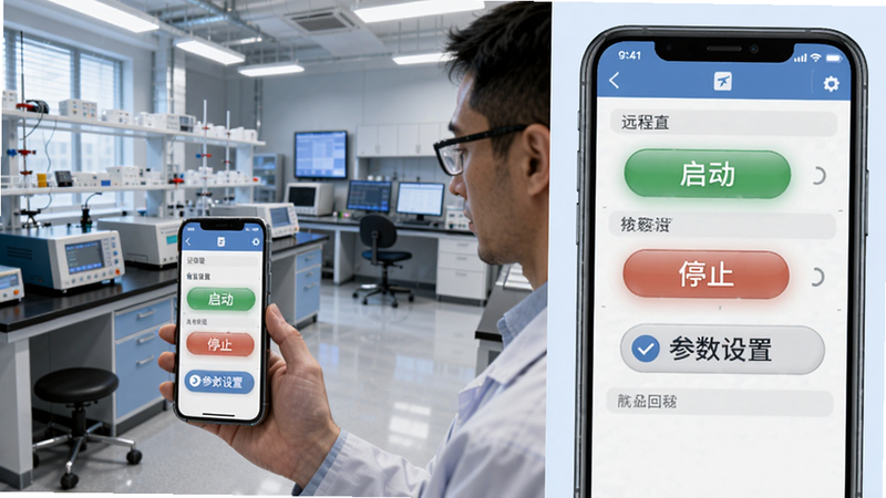展示一个工程师在办公室通过手机远程操控实验室仪器,手机屏幕上显示远程控制界面,有“启动”、“停止”、“参数设置”按钮,背景分为两个半区:左侧为实验室全景,右侧为手机界面放大图,体现远程操控与日志回溯功能