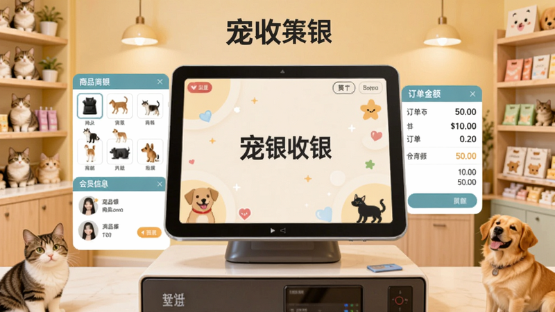 一张展示宠收银软件主界面的截图,画面中央是收银台操作面板,左侧有商品分类和会员信息,右侧显示订单金额,背景为温馨的宠物店环境,宠物猫狗元素点缀,整体色调温暖明亮,突出宠收银品牌名称,适配Boogu模型生成。