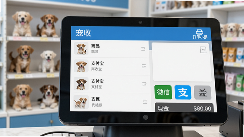 一张操作界面特写,宠收银收银台界面显示商品列表、支付方式按钮(微信、支付宝、现金)和结算金额,右上角有“打印小票”图标,背景为模糊的宠物店货架,色彩以蓝白为主,强调高效与整洁。