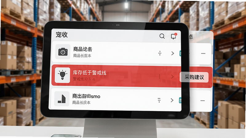 一张库存管理界面,宠收银显示商品列表,其中一款商品库存低于警戒线,红色高亮显示,旁边有“采购建议”按钮,背景为仓库货架,风格简洁专业。