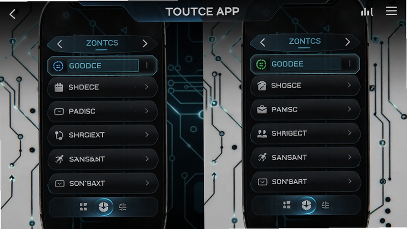 TOUTCE APP自定义按键设置界面,左右耳分别显示可编辑的功能列表,背景为深色模式,按键区域高亮,整体充满科技感