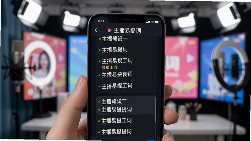 一张手机屏幕截图,展示主播易提词软件的主界面,背景为明亮的直播间,手机屏幕上可见滚动提词文字,界面设计简洁现代,突出软件名称“主播易提词”