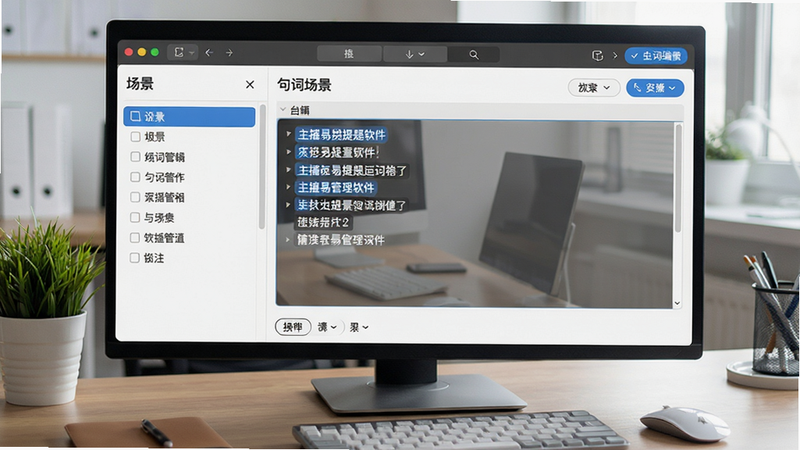 展示主播易提词软件的台词管理界面,左侧为场景列表,右侧为当前场景的台词编辑框,界面清爽,操作按钮清晰,背景为办公桌面
