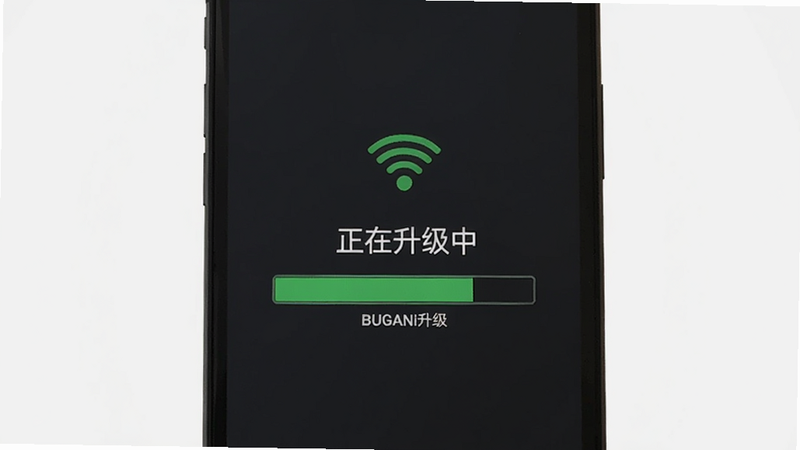 BUGANi固件升级进度条界面,手机屏幕显示“正在升级中”,背景为暗色调,有无线信号图标,整体风格简约