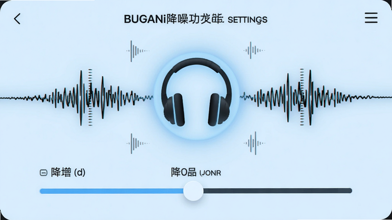 BUGANi降噪功能设置页面,耳机图标周围显示噪声波形,滑块调节降噪等级,背景为淡蓝色,图标带发光效果