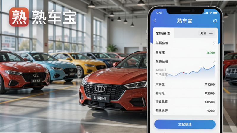 熟车宝应用界面预览,展示车辆估值页面,背景为汽车市场场景,色彩明亮,突出软件名称熟车宝,适配Boogu模型生成