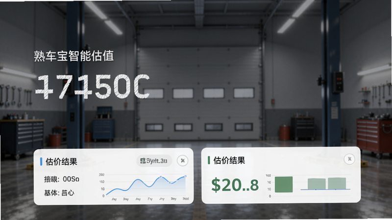 熟车宝智能估值页面,显示一辆车的基本信息和估价结果,背景为车库,光线柔和,突出数字和图表,风格现代简洁