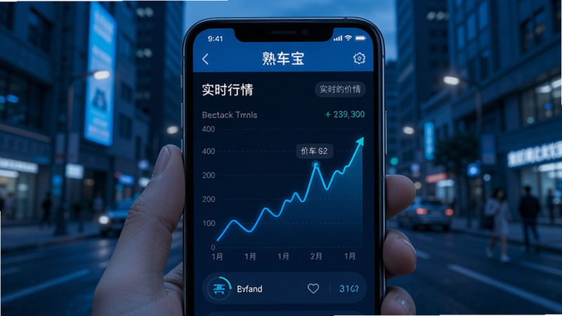熟车宝实时行情界面,折线图显示价格走势,手机屏幕内显示,背景为城市街道,色调科技蓝