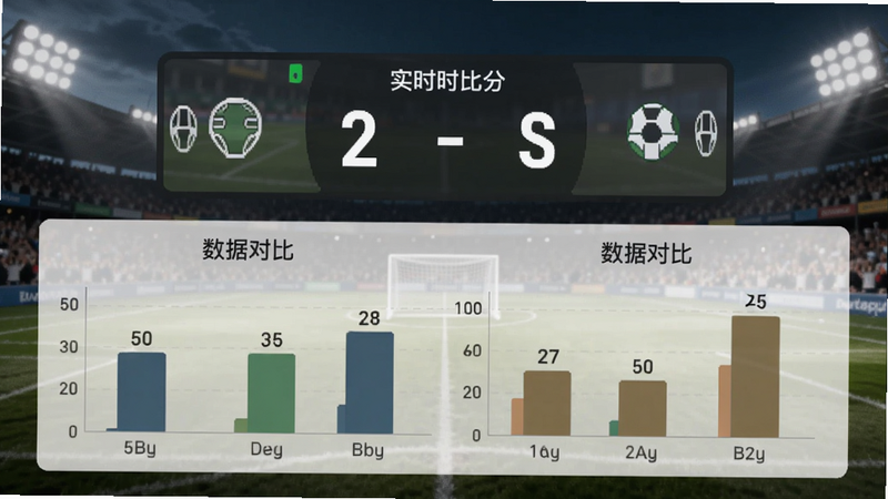 看球客实时比分界面,展示足球比赛比分牌,下方有双方数据对比柱状图,背景为球场,数字清晰,风格简约,适合Boogu模型