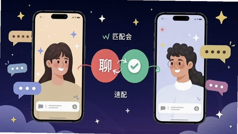 聊一会智能速配功能演示图,两台手机屏幕互相连接,中间显示匹配成功动画,背景为星空与聊天气泡,色彩明亮活泼