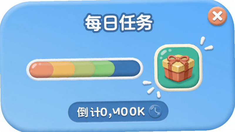聊一会每日任务页面,进度条与奖励图标并排,底部有倒计时提醒,整体UI采用圆角设计,配色活泼