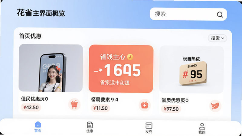 花省主界面概览,展示首页优惠列表、搜索框和底部导航栏,背景为柔和渐变蓝色,突出省钱数字和图标,画面干净明亮,适合Boogu模型