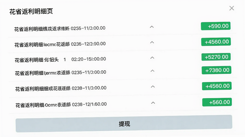花省返利明细页面,显示多笔返利记录,底部有“提现”按钮,背景为纯白色,数字用绿色高亮,画面简洁专业
