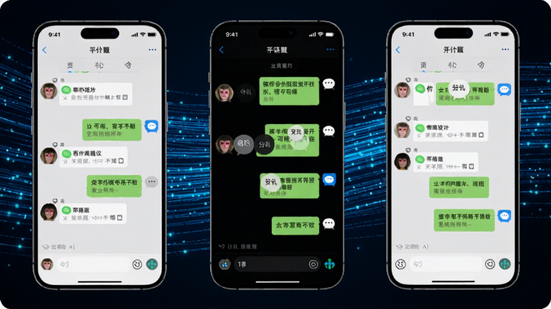 猴子分身稳定双开技术演示,手机屏幕显示三个微信分身同时在线聊天,界面各自独立,背景为流畅的蓝色动态线条,科技感强