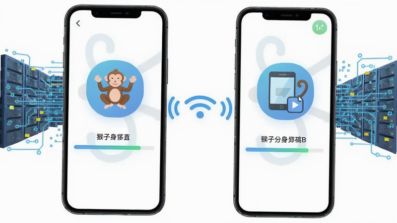 猴子分身数据迁移过程,两部手机之间通过Wi-Fi传输数据图标,界面显示迁移进度条,背景为数据流动的科技感图案