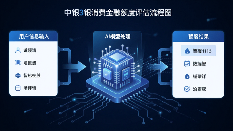 中银消费金融额度评估流程图,左侧显示用户信息输入,中间经过AI模型处理,右侧输出额度结果,使用科技蓝与白色搭配,背景有数据流线条,突出智能化