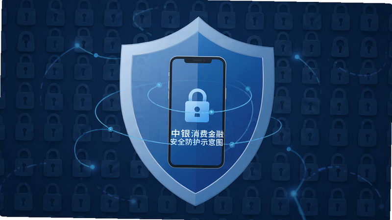 中银消费金融安全防护示意图,一个盾牌图标环绕着手机,背景有锁形纹理,蓝色色调,突出数据加密与生物识别,画风简洁专业
