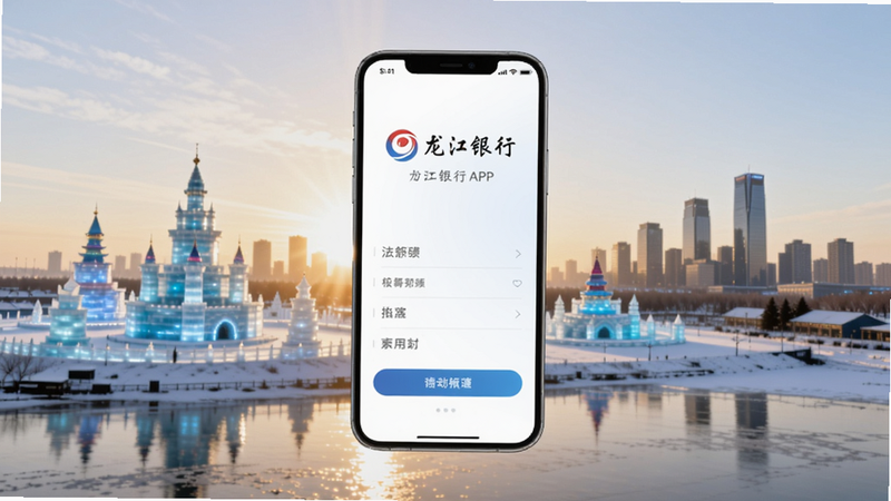 画面中心展示龙江银行APP启动界面,背景为哈尔滨冰雪大世界与松花江畔城市天际线,手机屏幕悬浮在金色阳光中,银行logo醒目,整体风格商务科技感,光线柔和明亮