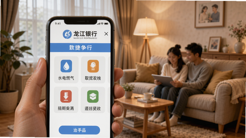 手机屏幕上展示龙江银行缴费页面,包含水电燃气等多个图标,背景为温馨家庭客厅场景,暖色调,体现便捷生活
